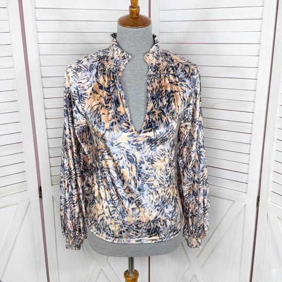 Free People Go Get Em Crushed Velvet Balloon Sleeve Blouse Tan Blue Small - Picture 1 of 15